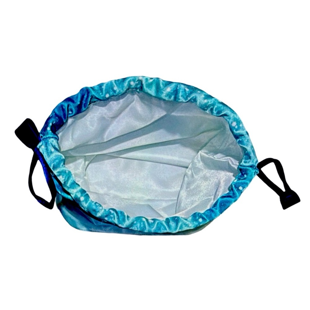 La Mer Luxury Cosmetic Travel Pouch Blue Satin Drawstring Ocean Print Beauty Bag - Picture 4 of 6